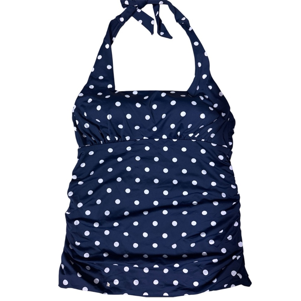 Lands End Women Tankini Swim Top Sz 6D Navy Polka Dot Square Neck Halter